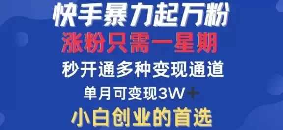 快手暴力起万粉,涨粉只需一星期,多种变现模式,直接秒开万合,单月变现过W